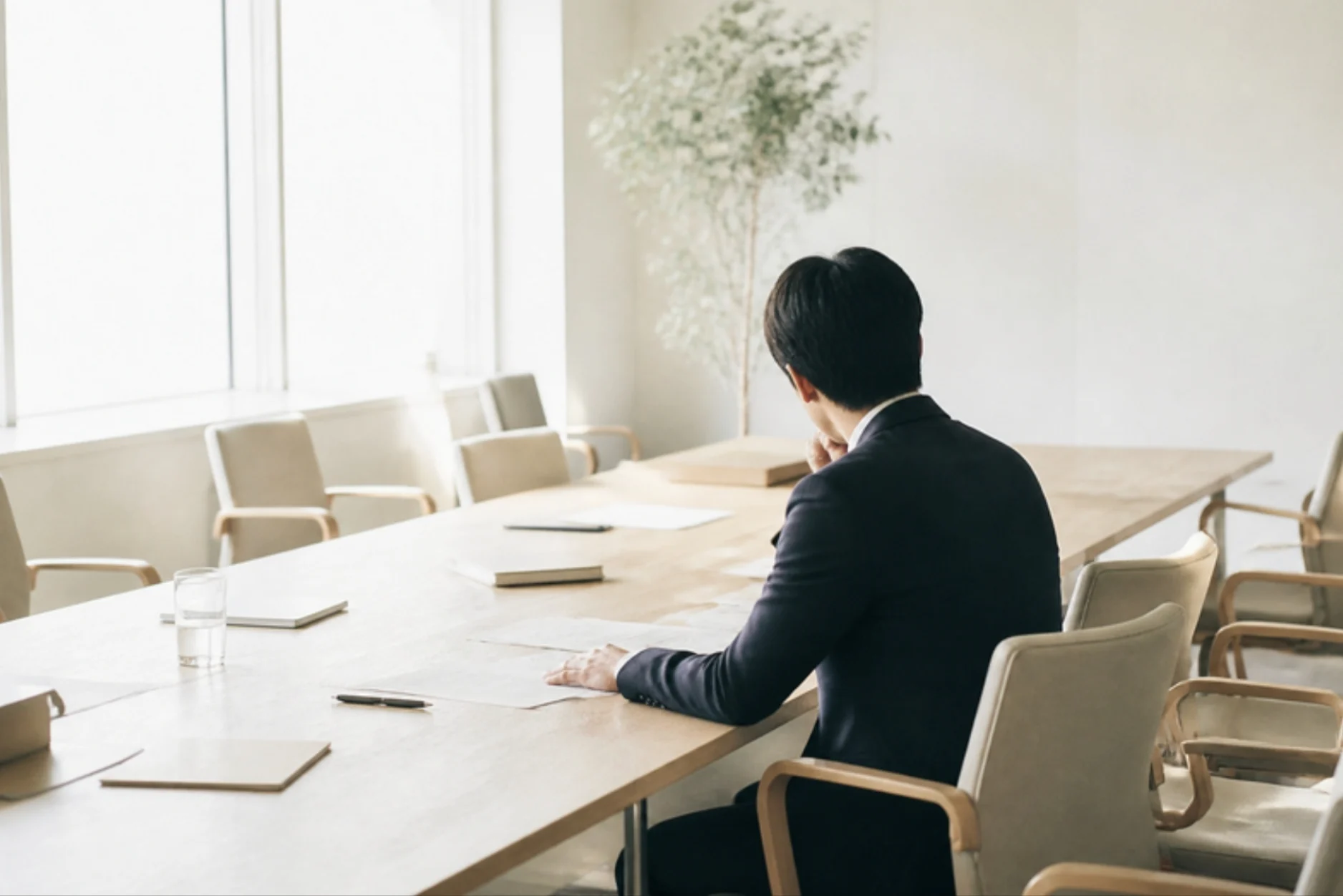 明るい会議室で一人考える人の後ろ姿